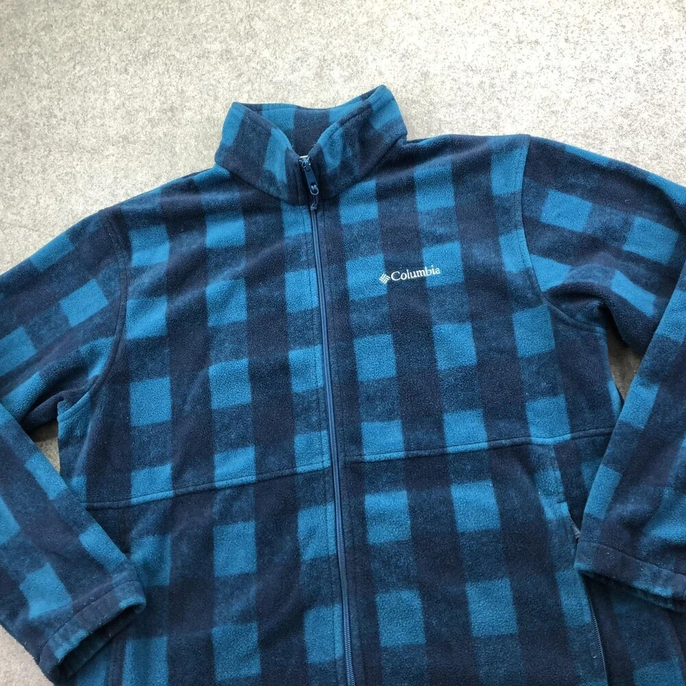 Columbia Jacket Mens XL Blue Plaid Fleece Windbreaker Full Zip Outdoor Hiking